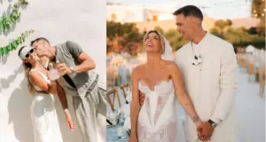 Αθηνά Οικονομάκου: Οι νέες φωτογραφίες από τις μαγικές στιγμές του γάμου της στην Πάρο Αθηνά Οικονομάκου Μπρούνο Τσερέλα γάμος Πάρος φωτογραφίες beach party σκάφος