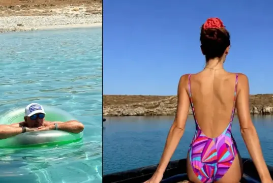 Λιάγκας και Αντωνά στο κρυφό νησί των Κυκλάδων Η Μαρία Αντωνά και ο Γιώργος Λιάγκας σε στιγμιότυπα από την απόδρασή τους στη Ρήνεια.